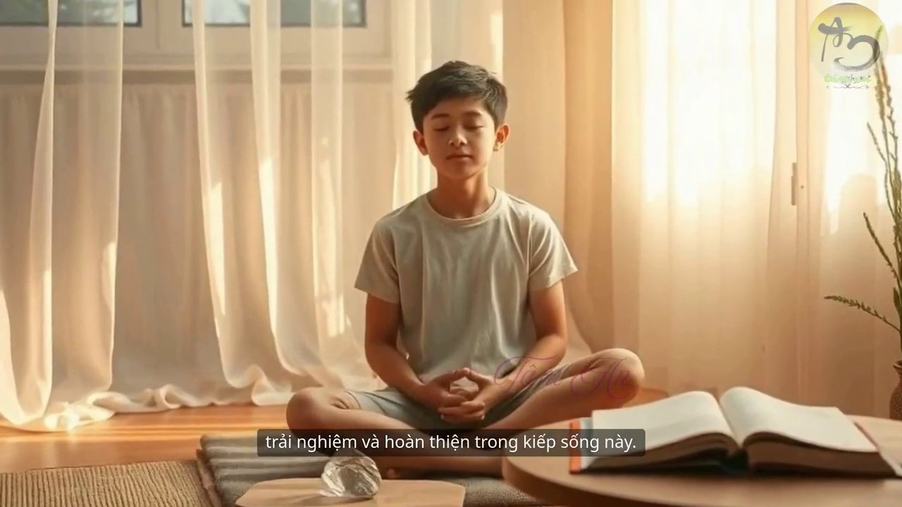 Một người đang ngồi thiền giữa không gian yên tĩnh, tay cầm một cuốn sách về thần số học.